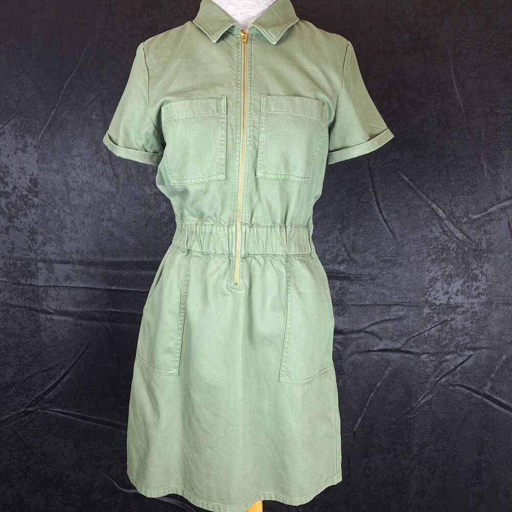 J Crew Army Green Utility Dress Front Zip Short Sleeve Pockets Banded Waist Sz 4